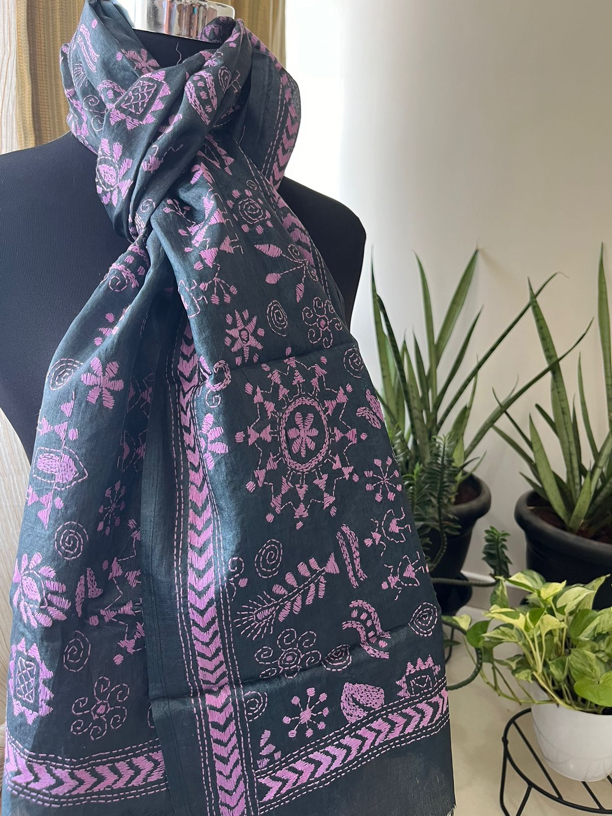 Pure Silk Kantha Hand Embroidered Stole - Black and Pink