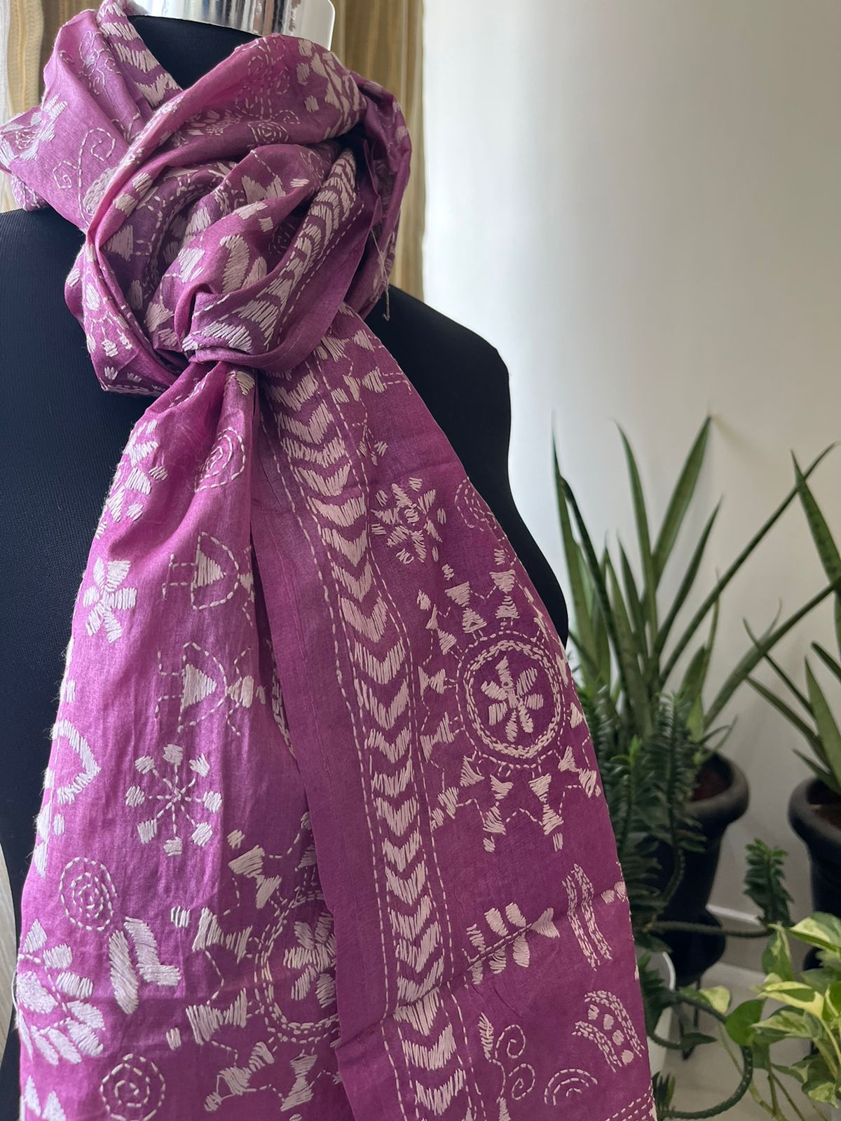 Pure Silk Kantha Hand Embroidered Stole - Mauve