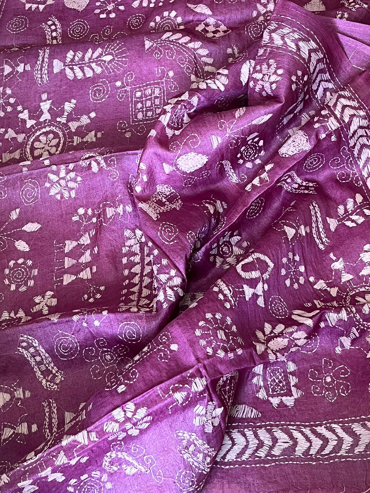 Pure Silk Kantha Hand Embroidered Stole - Mauve