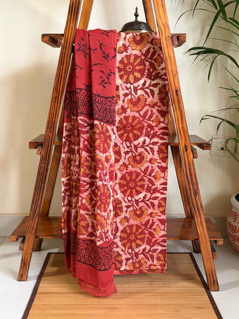 100 Pure Cotton Handblock Printed 3-Piece Suit Naturally Dyed with Pomegranate Peel