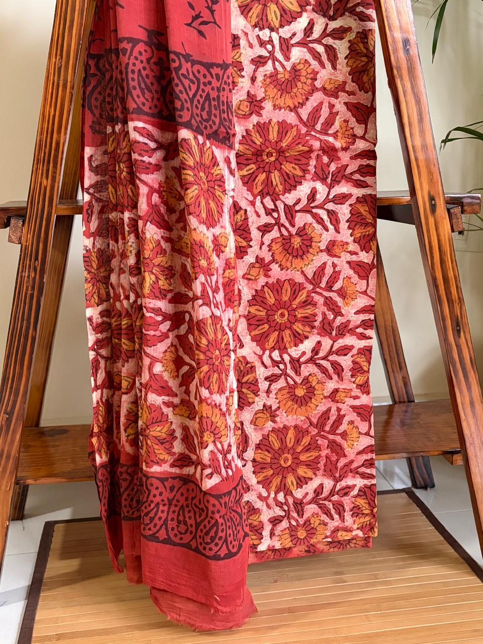 100 Pure Cotton Handblock Printed 3-Piece Suit Naturally Dyed with Pomegranate Peel
