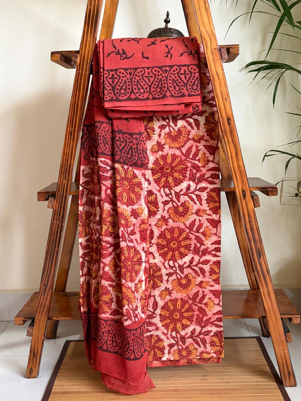 100 Pure Cotton Handblock Printed 3-Piece Suit Naturally Dyed with Pomegranate Peel
