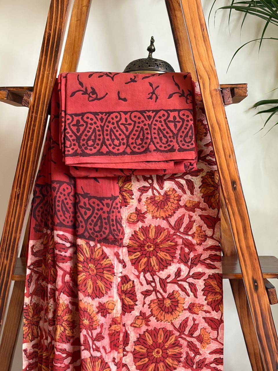 100 Pure Cotton Handblock Printed 3-Piece Suit Naturally Dyed with Pomegranate Peel