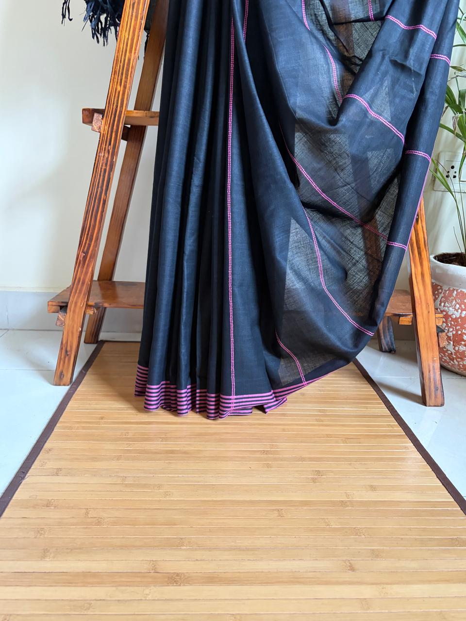 100 Pure Cotton Handloom Saree with woven buttis - Black