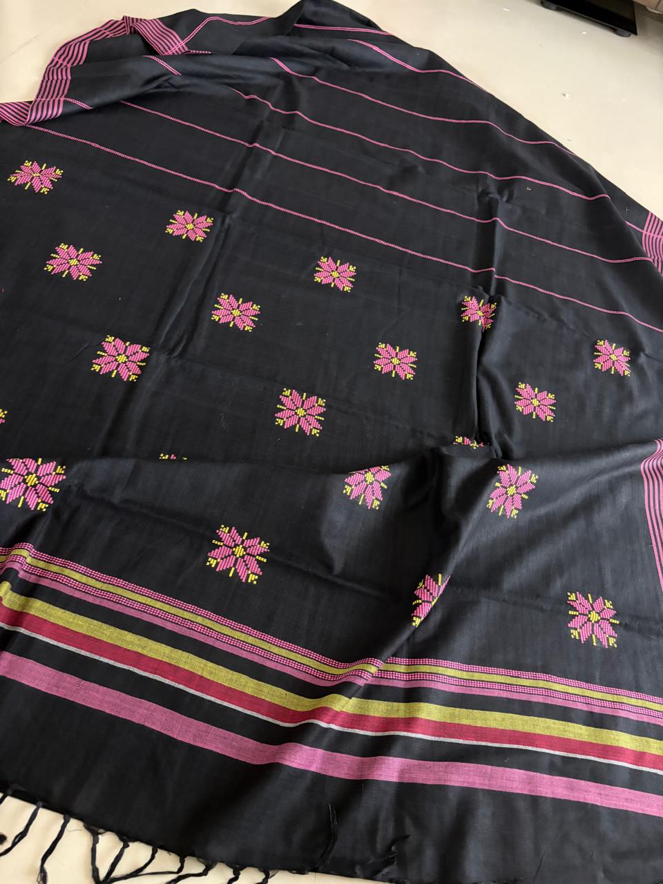 100 Pure Cotton Handloom Saree with woven buttis - Black