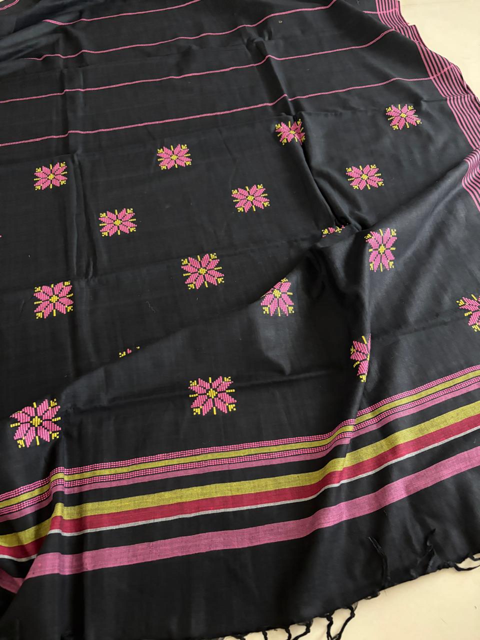 100 Pure Cotton Handloom Saree with woven buttis - Black