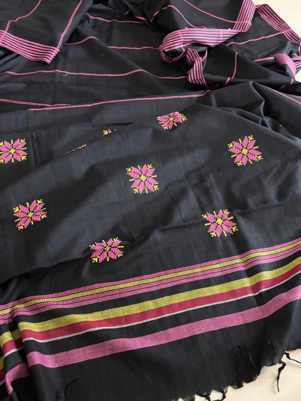 100 Pure Cotton Handloom Saree with woven buttis - Black