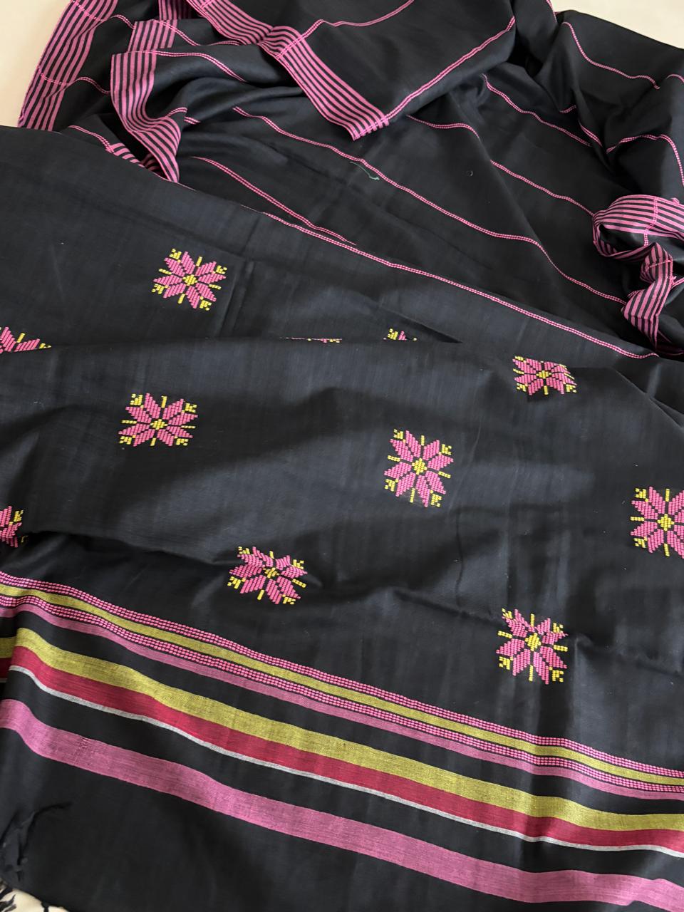 100 Pure Cotton Handloom Saree with woven buttis - Black