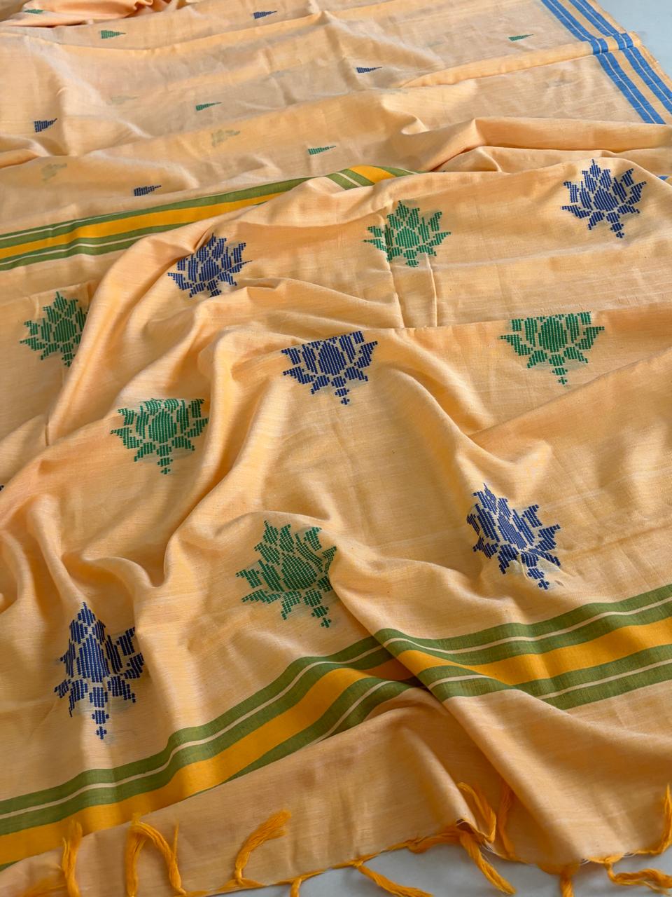 100 Pure Cotton Handloom Saree with woven buttis - Peachish Beige