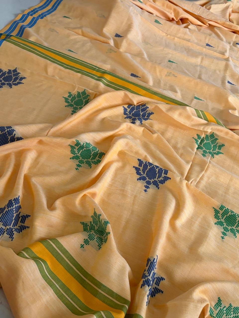 100 Pure Cotton Handloom Saree with woven buttis - Peachish Beige