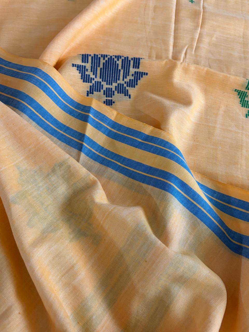 100 Pure Cotton Handloom Saree with woven buttis - Peachish Beige