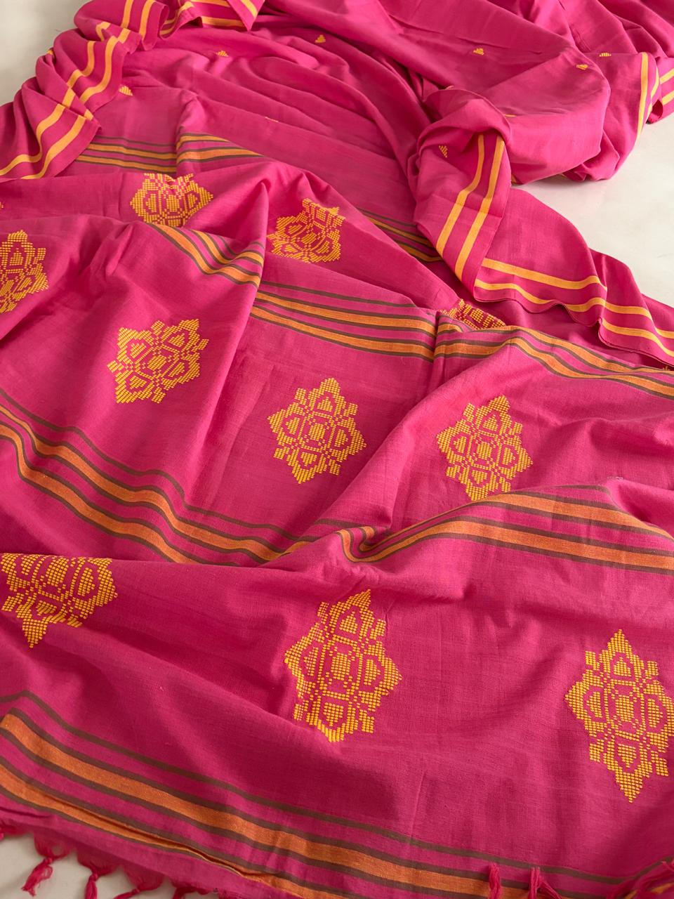 100 Pure Cotton Handloom Saree with woven buttis - Pink