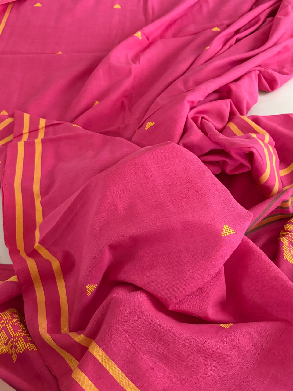 100 Pure Cotton Handloom Saree with woven buttis - Pink