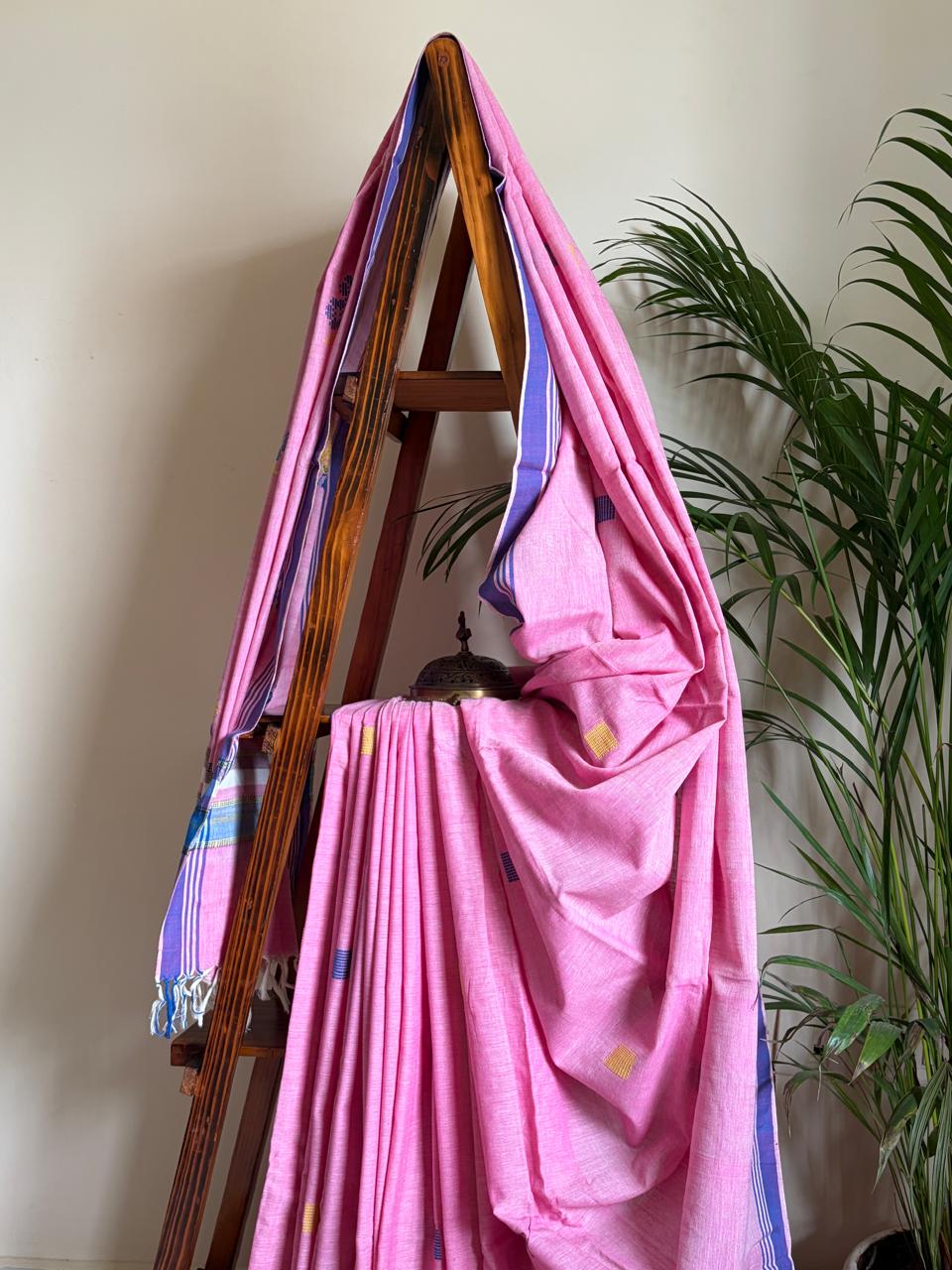100 Pure Cotton Handloom Saree with woven buttis - Pink