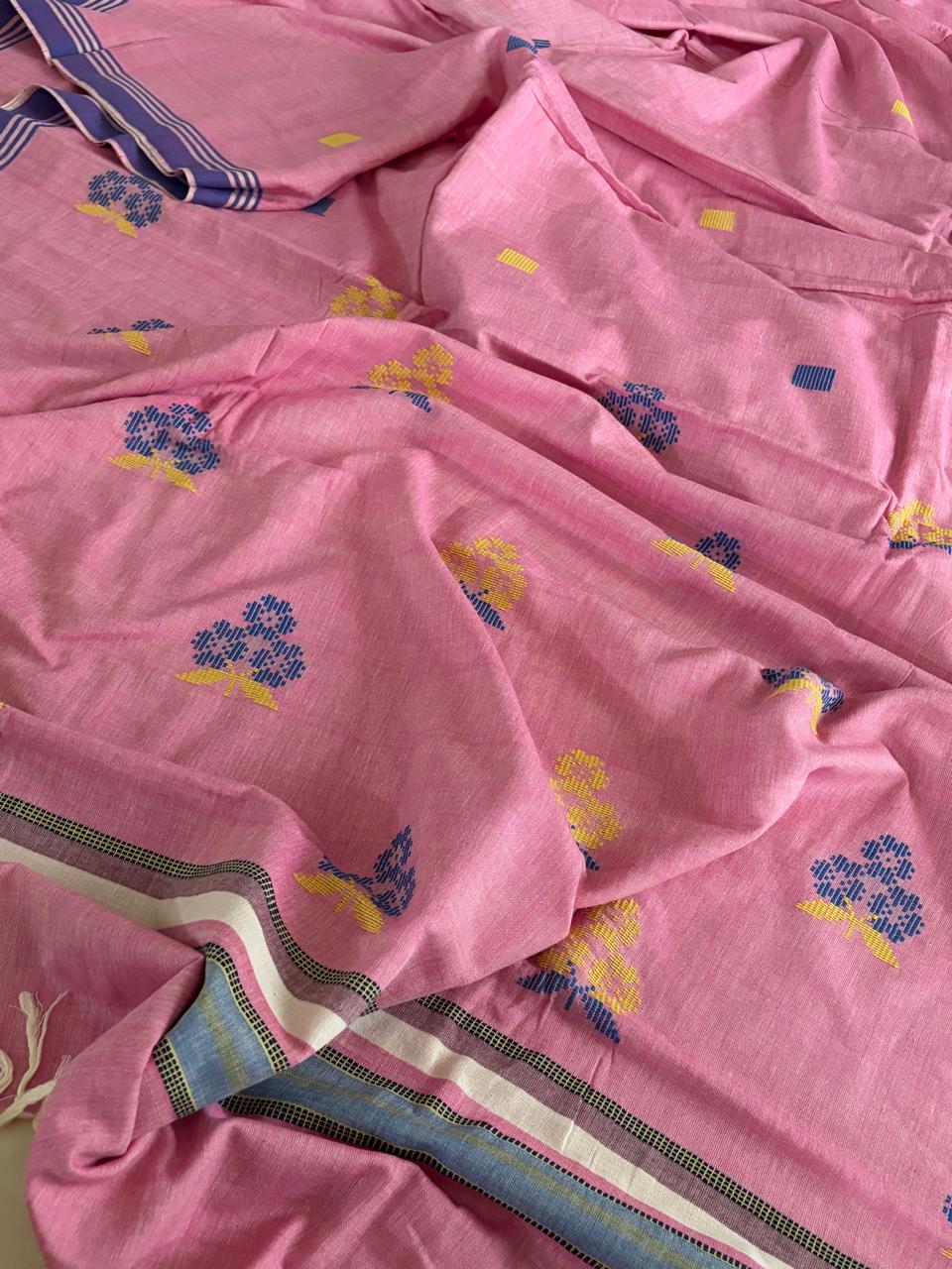 100 Pure Cotton Handloom Saree with woven buttis - Pink
