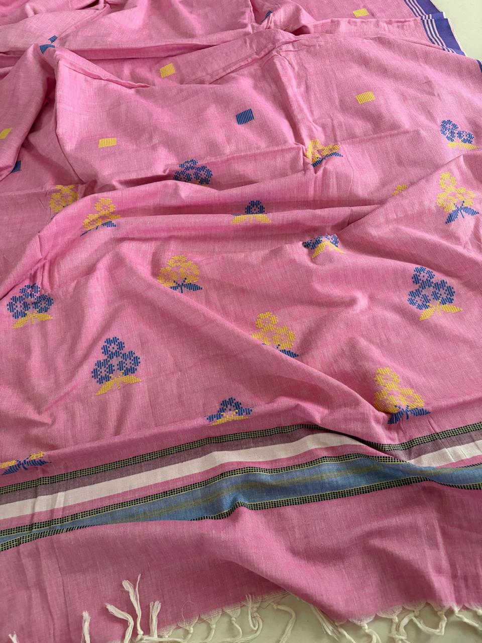100 Pure Cotton Handloom Saree with woven buttis - Pink