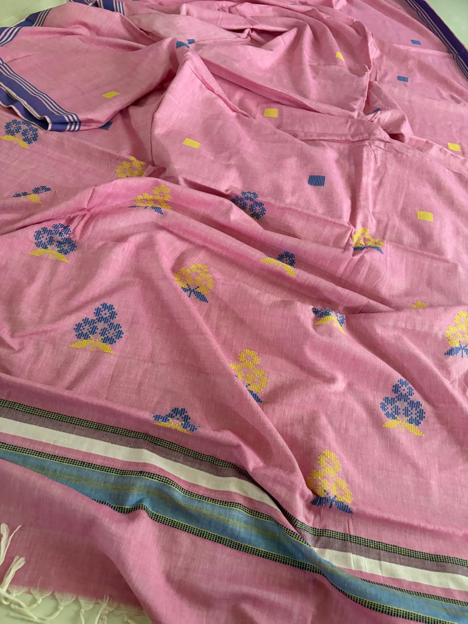 100 Pure Cotton Handloom Saree with woven buttis - Pink