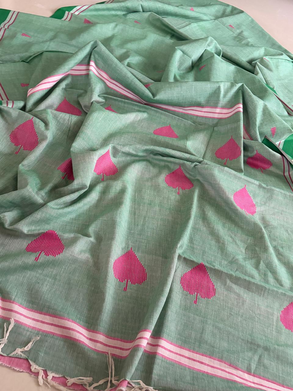 100 Pure Cotton Handloom Saree with woven buttis - Sea Green