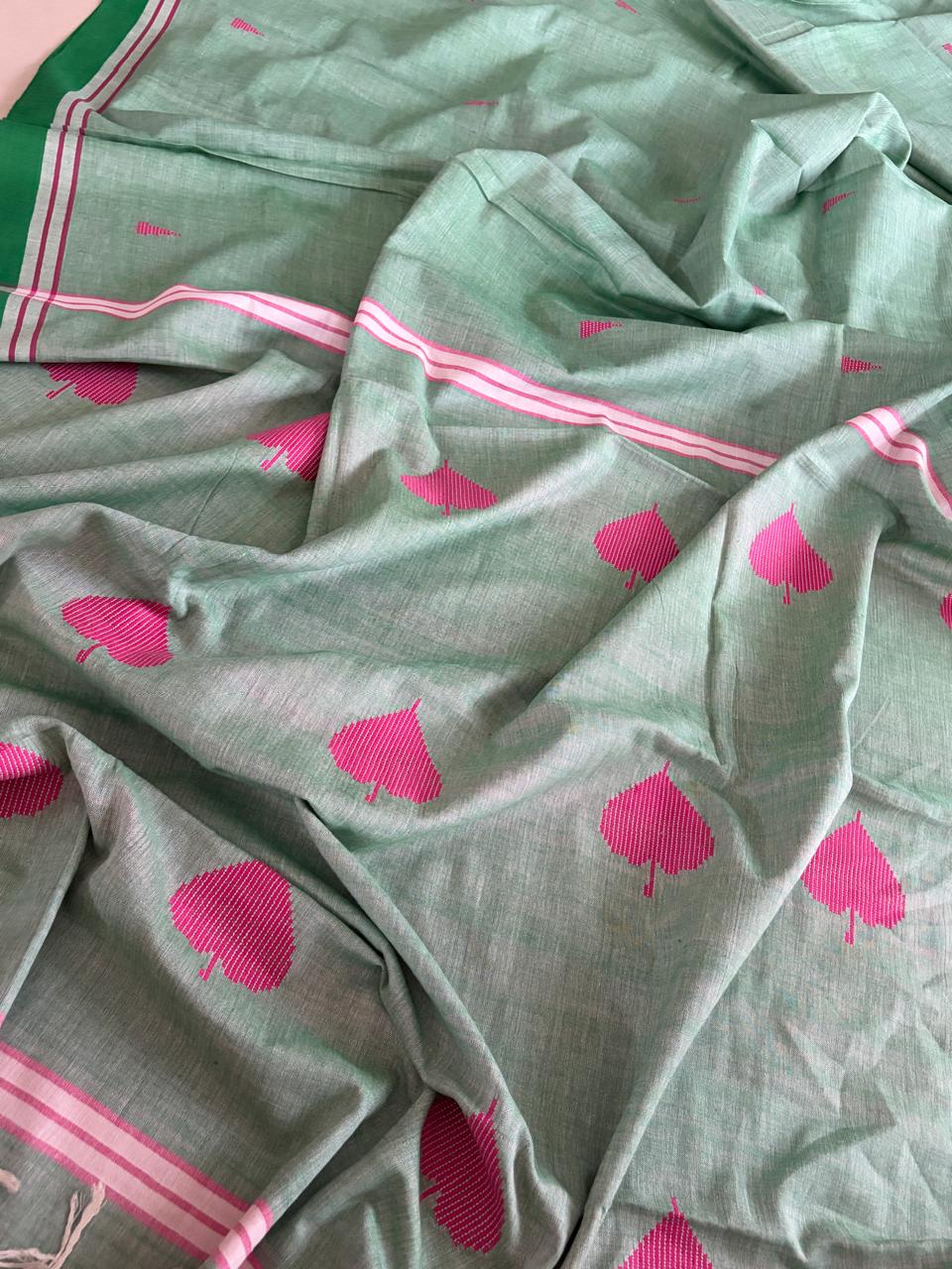100 Pure Cotton Handloom Saree with woven buttis - Sea Green
