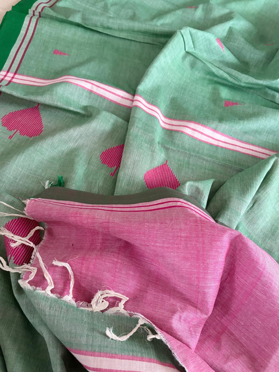 100 Pure Cotton Handloom Saree with woven buttis - Sea Green