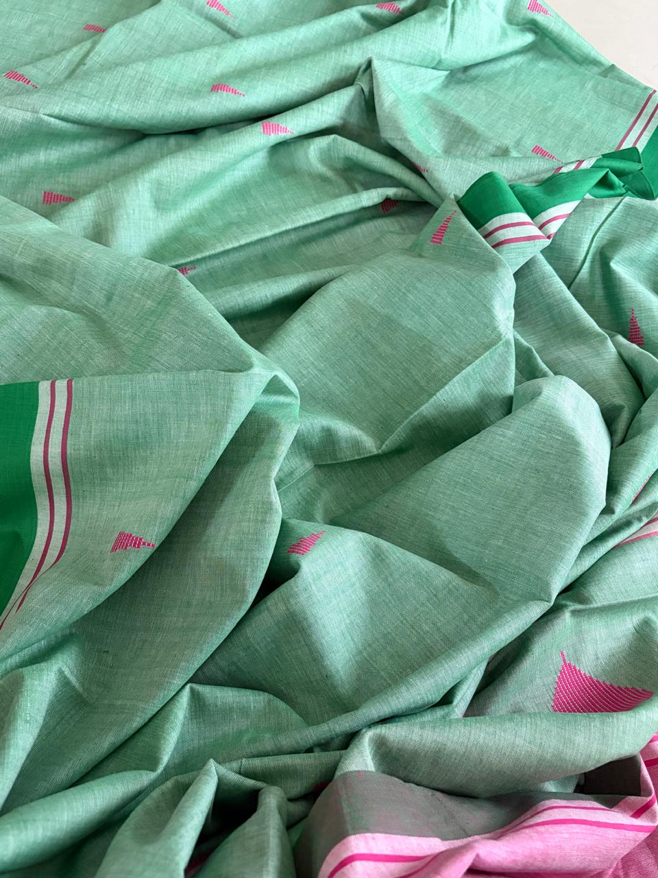 100 Pure Cotton Handloom Saree with woven buttis - Sea Green
