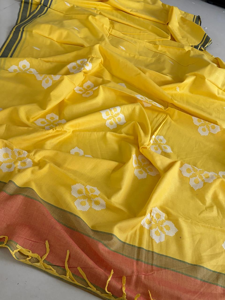 100 Pure Cotton Handloom Saree with woven buttis - Yellow