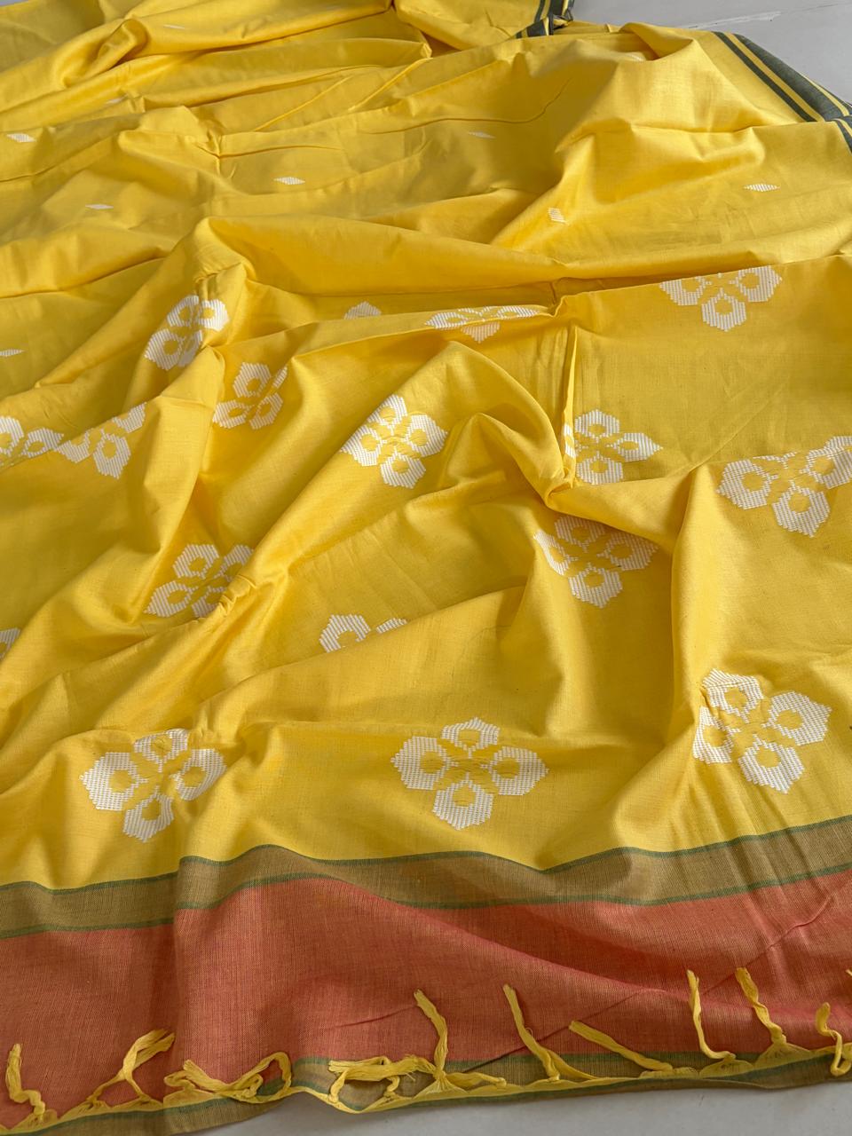 100 Pure Cotton Handloom Saree with woven buttis - Yellow