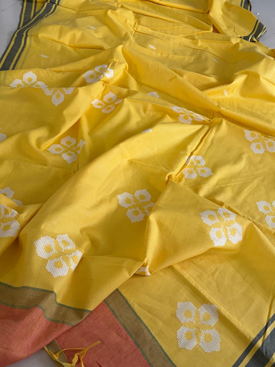 100 Pure Cotton Handloom Saree with woven buttis - Yellow