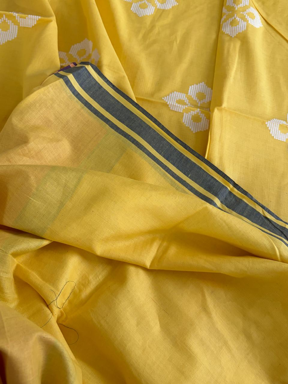 100 Pure Cotton Handloom Saree with woven buttis - Yellow
