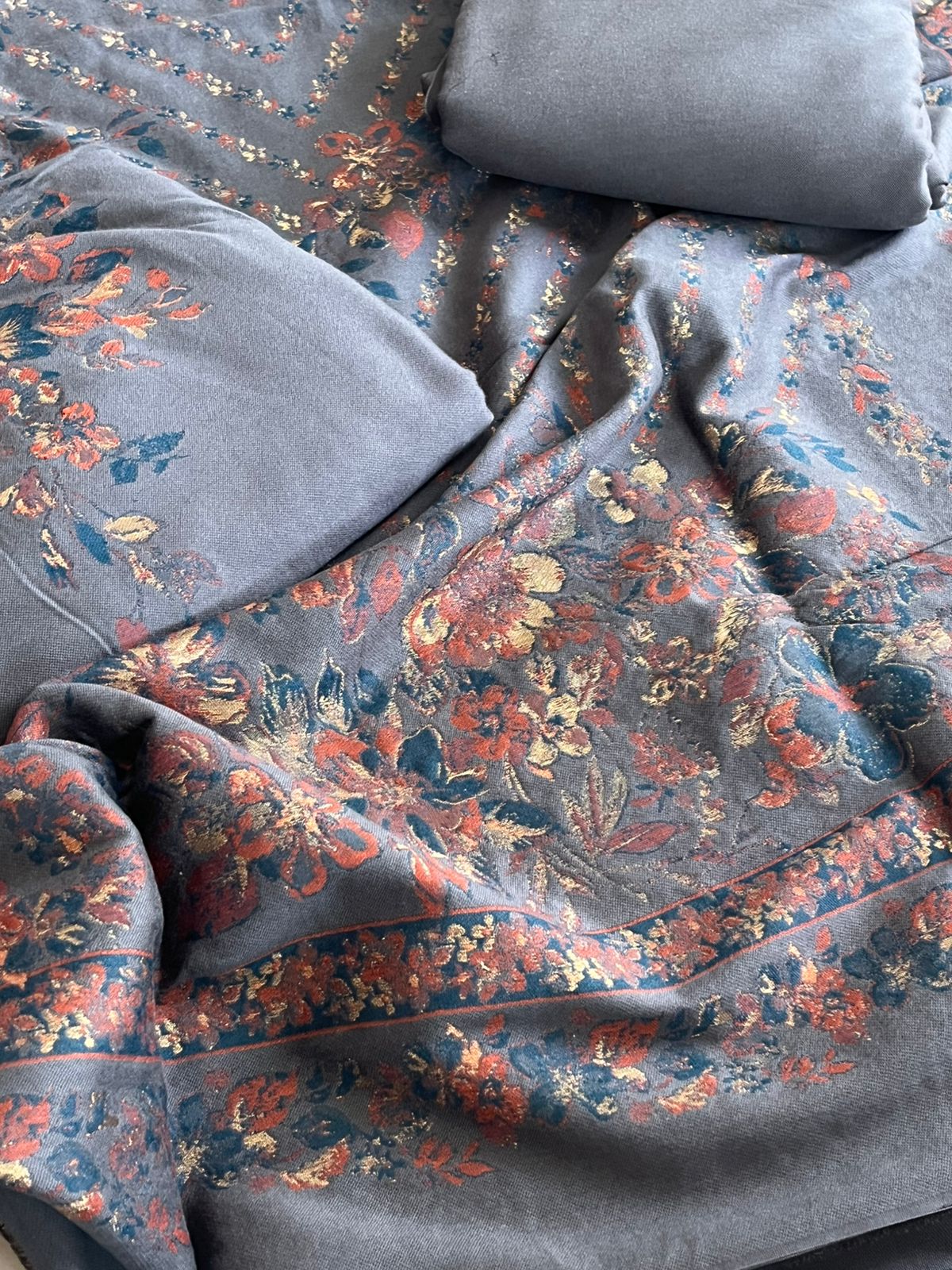 100 Pure Wool Kani Weave Suit with Zari Buttis - Graphite