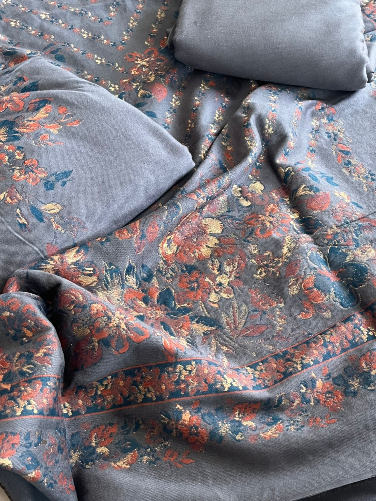 Image of 100% Pure Wool Kani Weave Suit with Zari Buttis - Graphite