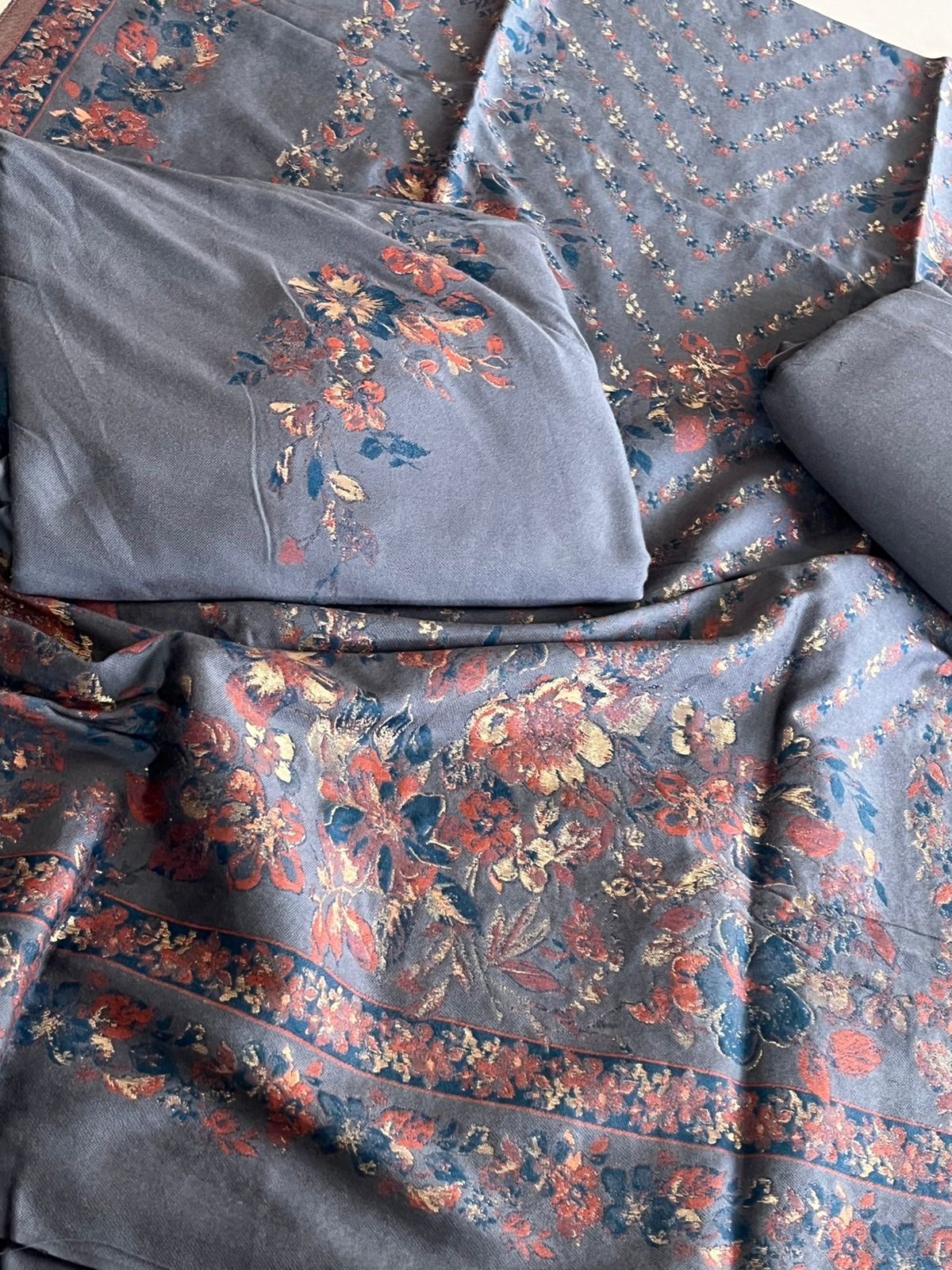 100 Pure Wool Kani Weave Suit with Zari Buttis - Graphite