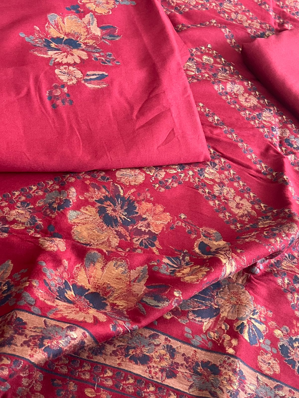 100 Pure Wool Kani Weave Suit with Zari Buttis - Maroon