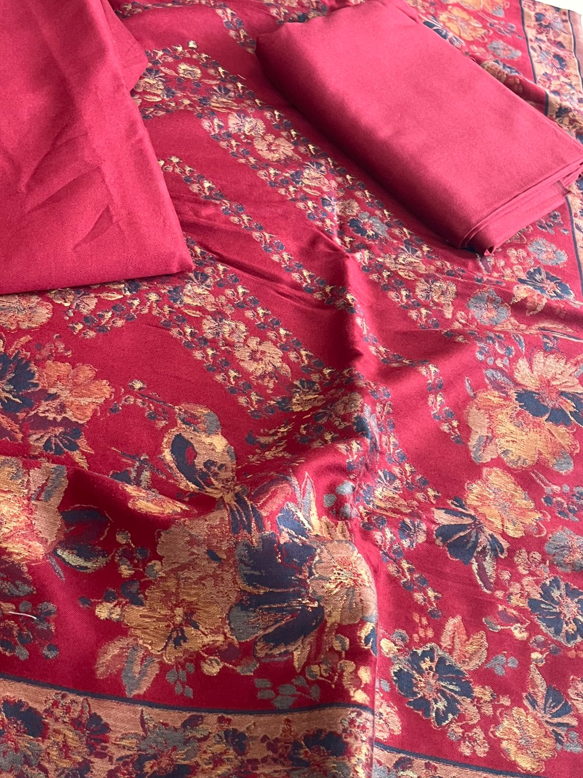 100 Pure Wool Kani Weave Suit with Zari Buttis - Maroon