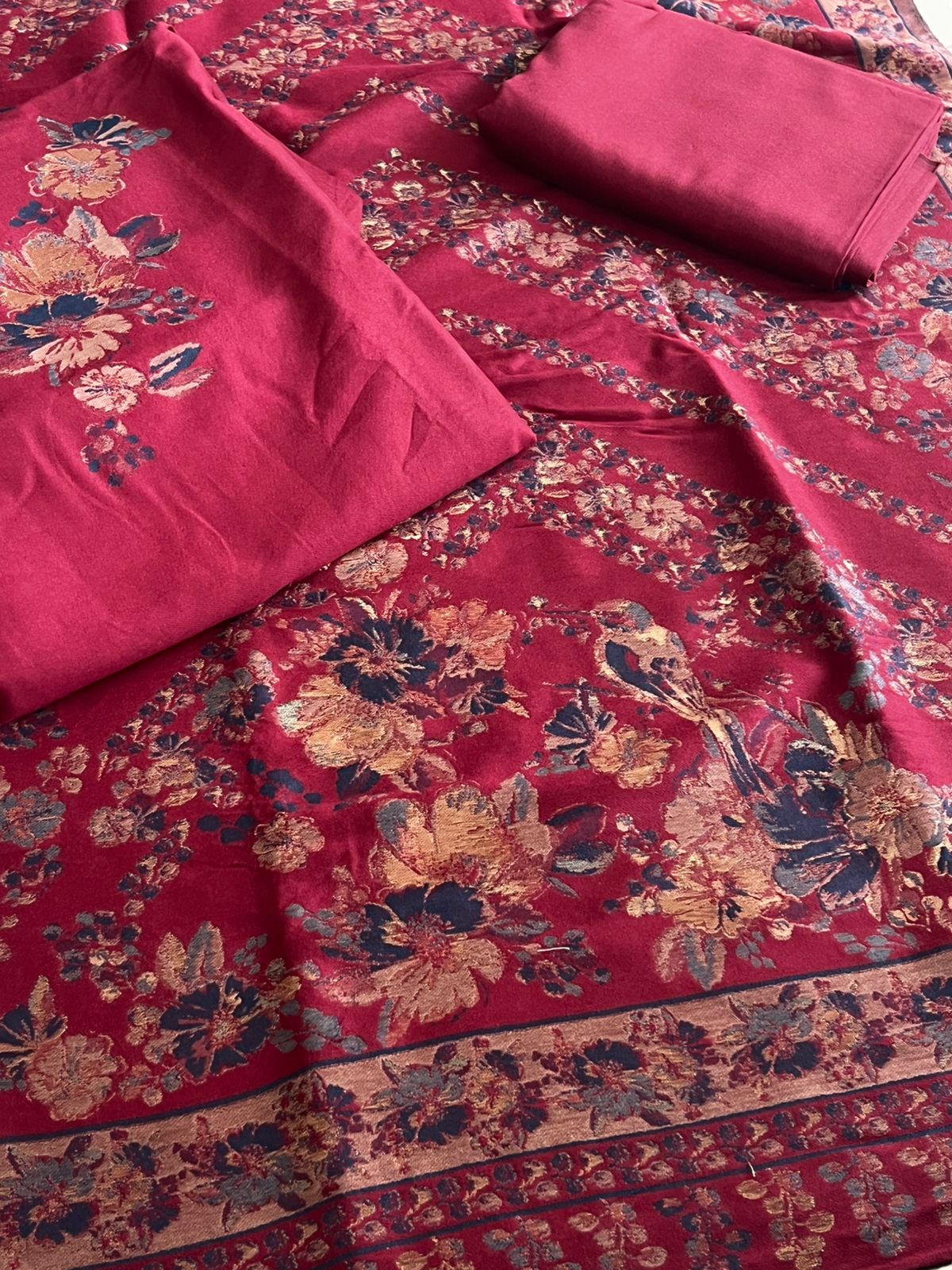 100 Pure Wool Kani Weave Suit with Zari Buttis - Maroon