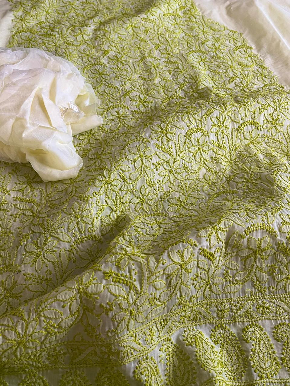 Chikankari Cotton Hand Embroidered 3 piece Suit - Off White with Green