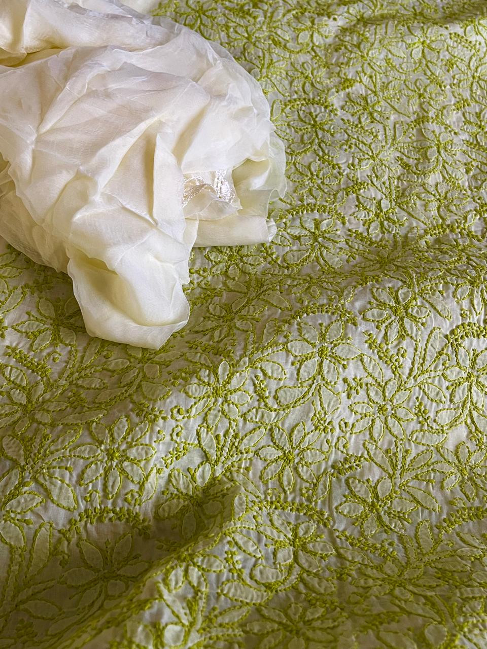 Chikankari Cotton Hand Embroidered 3 piece Suit - Off White with Green