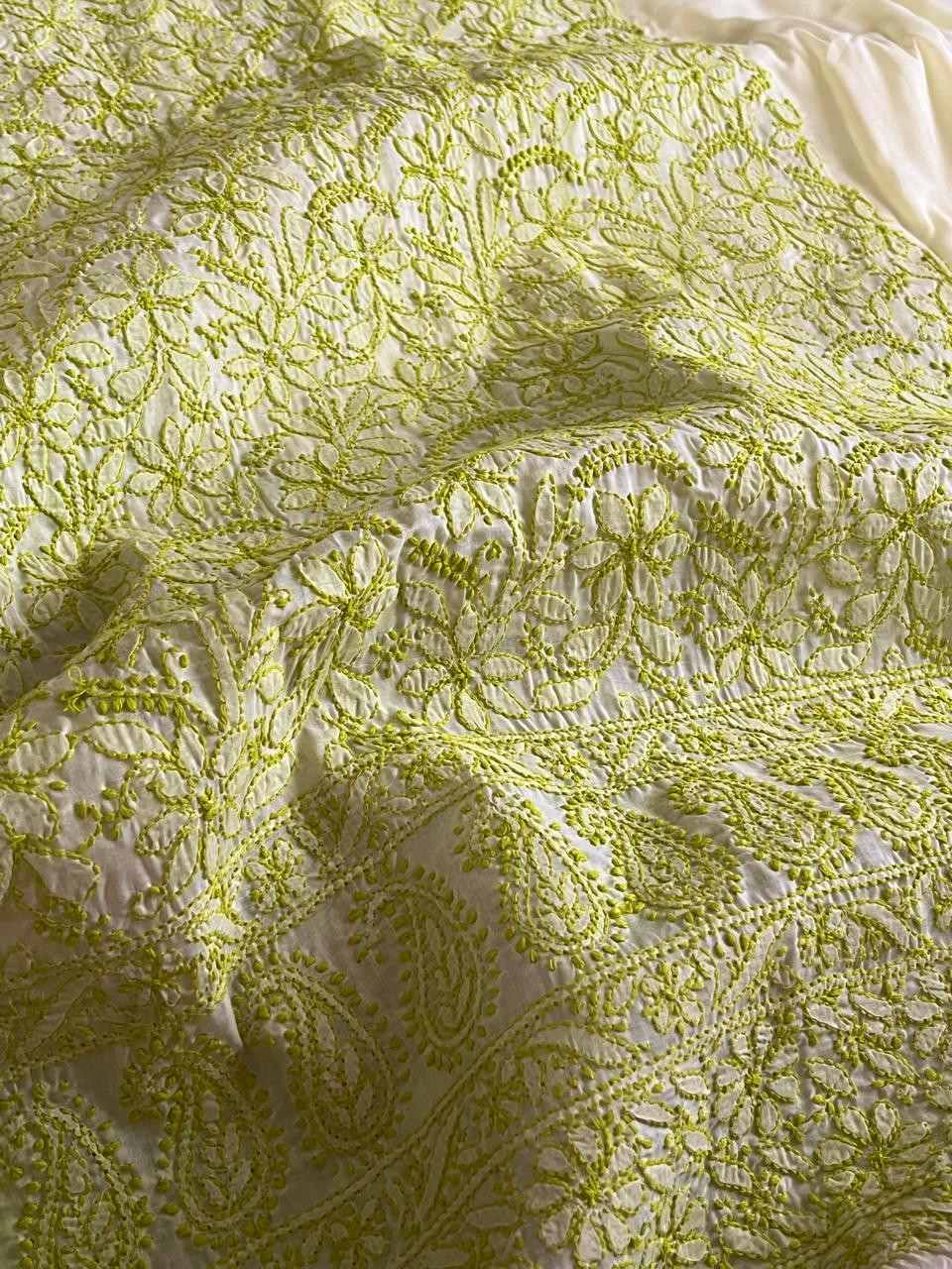 Chikankari Cotton Hand Embroidered 3 piece Suit - Off White with Green