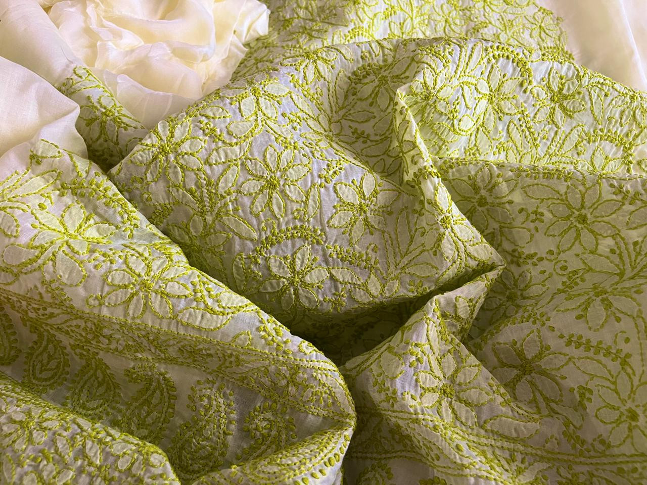 Chikankari Cotton Hand Embroidered 3 piece Suit - Off White with Green