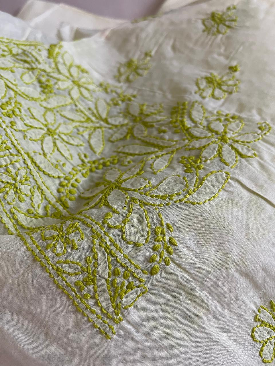 Chikankari Cotton Hand Embroidered 3 piece Suit - Off White with Green