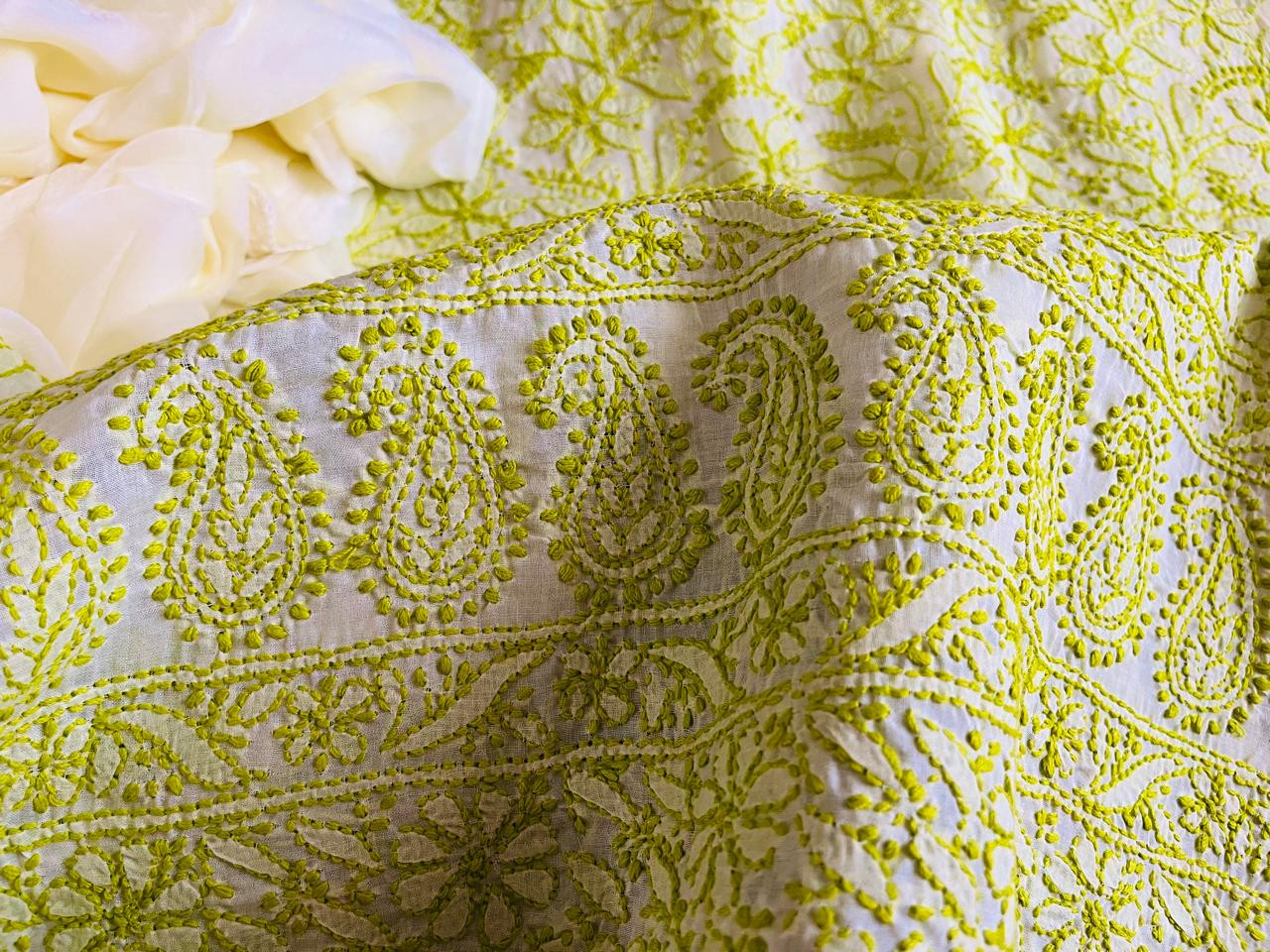 Chikankari Cotton Hand Embroidered 3 piece Suit - Off White with Green