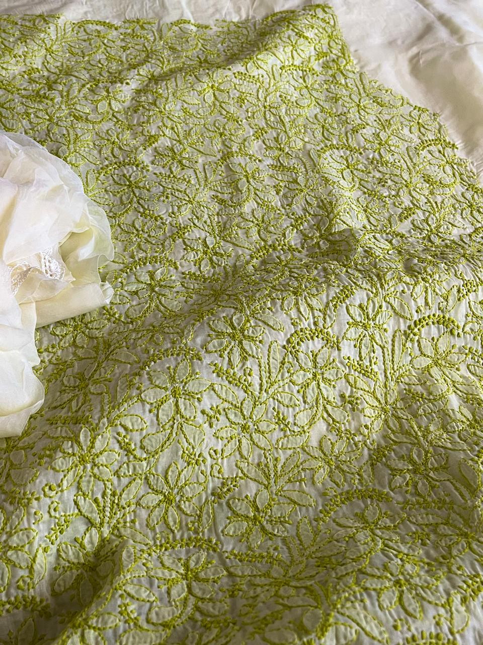 Chikankari Cotton Hand Embroidered 3 piece Suit - Off White with Green