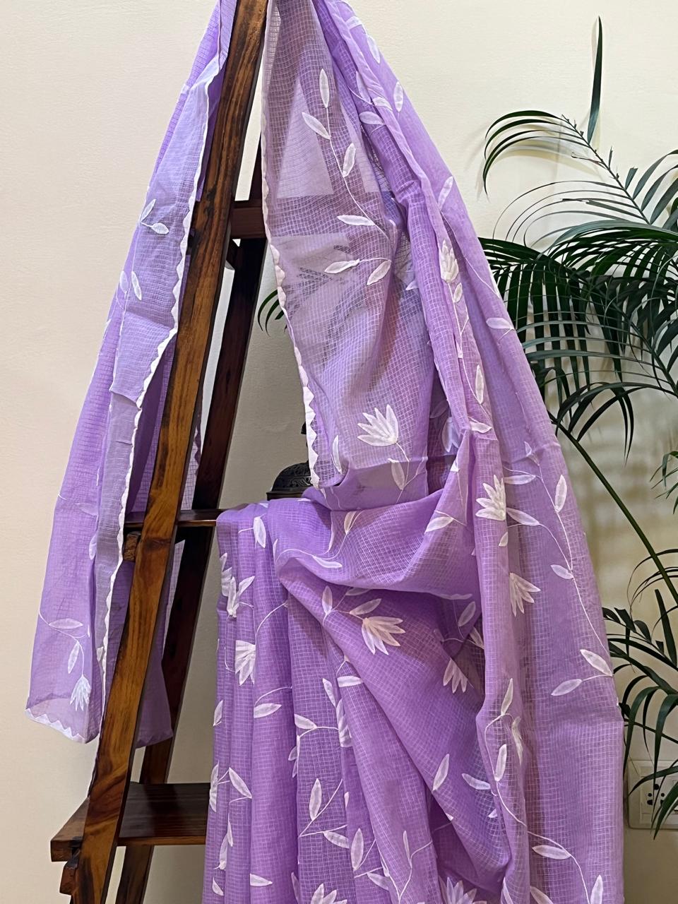 Pure Kota Cotton Phool Patti Saree - Lavendar with White