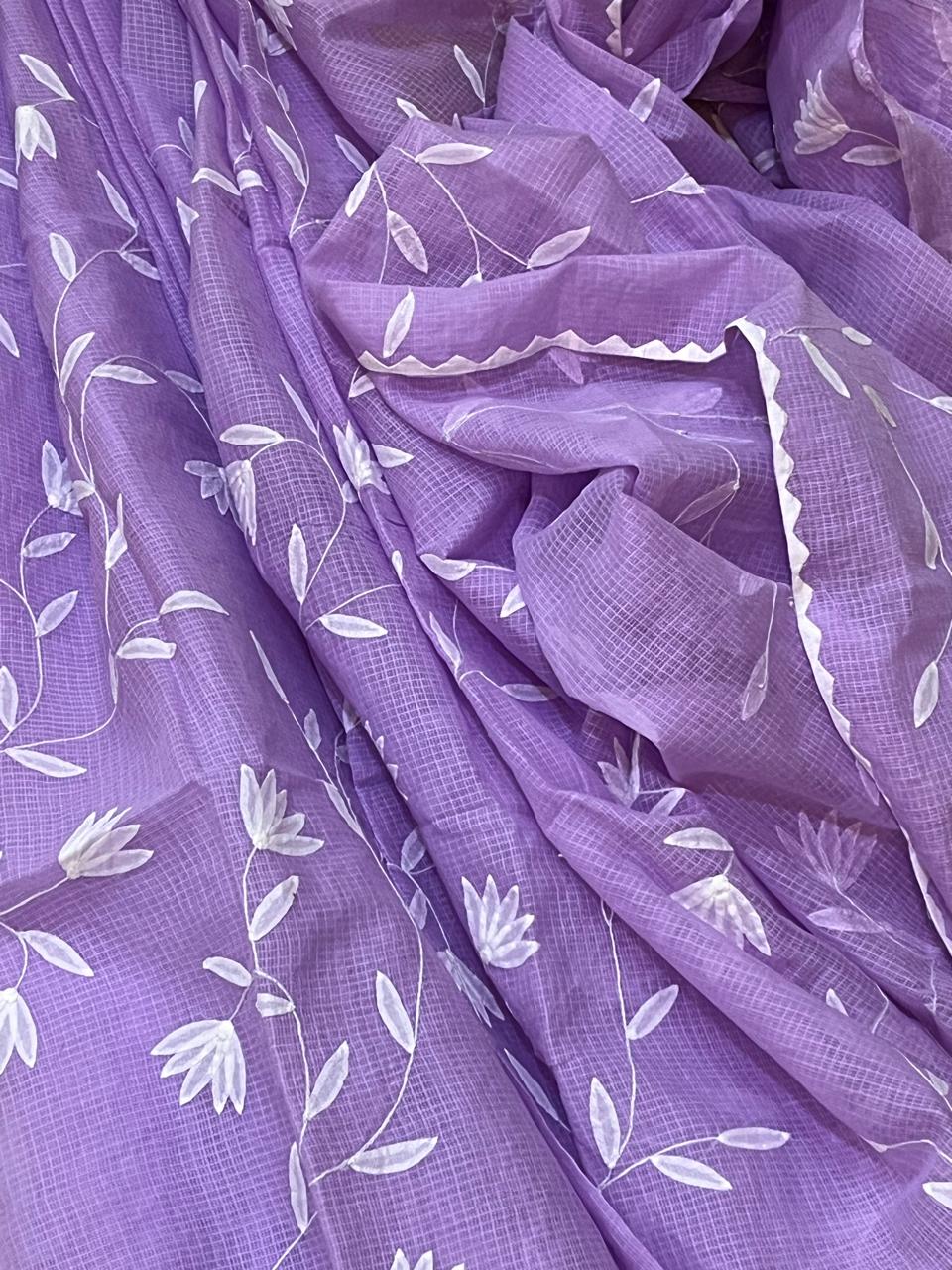 Pure Kota Cotton Phool Patti Saree - Lavendar with White