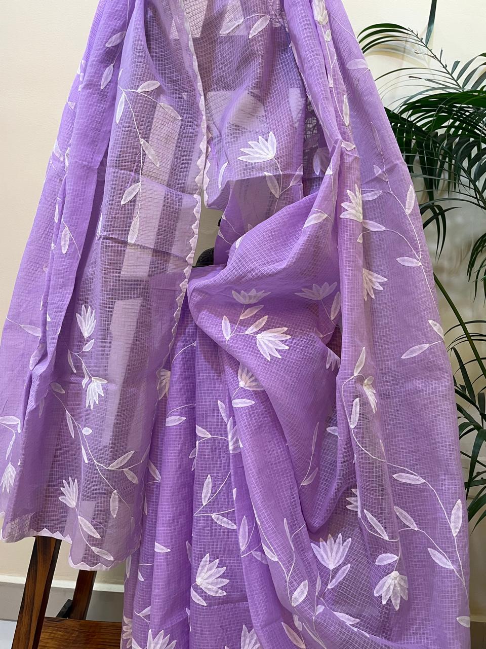 Pure Kota Cotton Phool Patti Saree - Lavendar with White