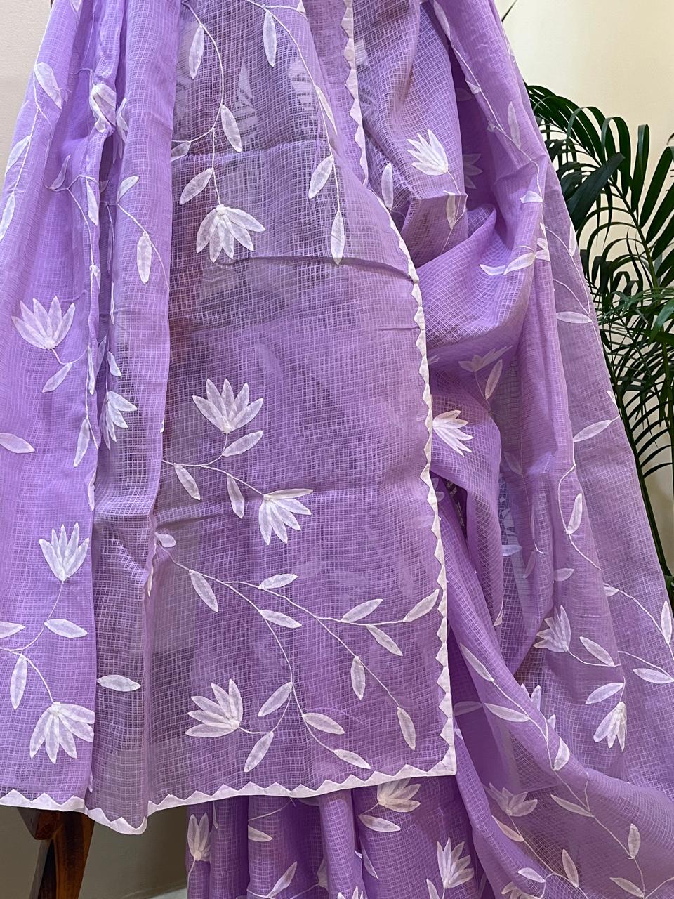 Pure Kota Cotton Phool Patti Saree - Lavendar with White