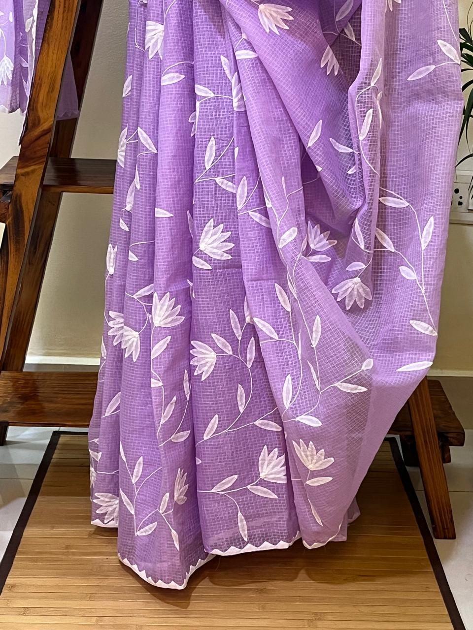 Pure Kota Cotton Phool Patti Saree - Lavendar with White
