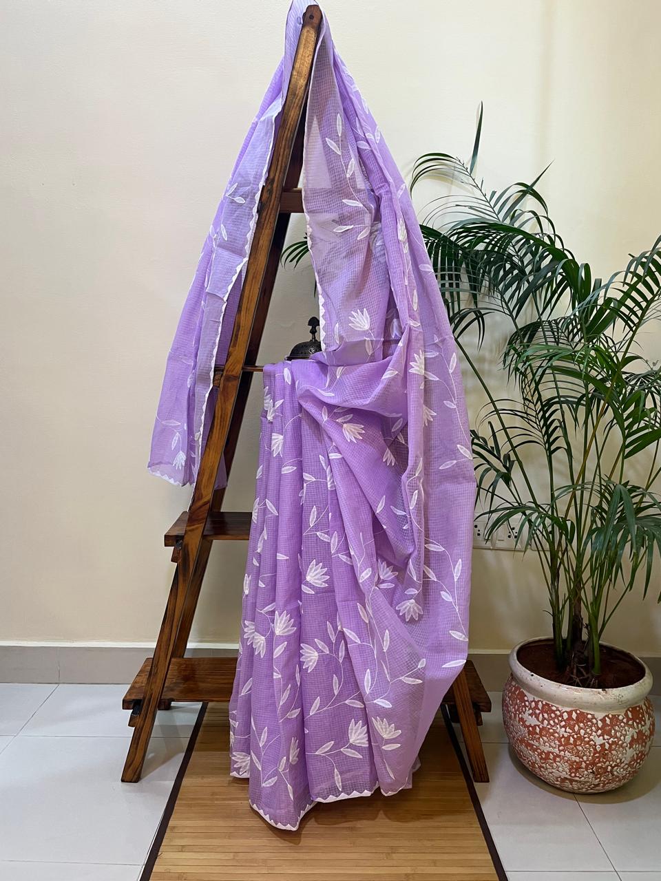 Pure Kota Cotton Phool Patti Saree - Lavendar with White