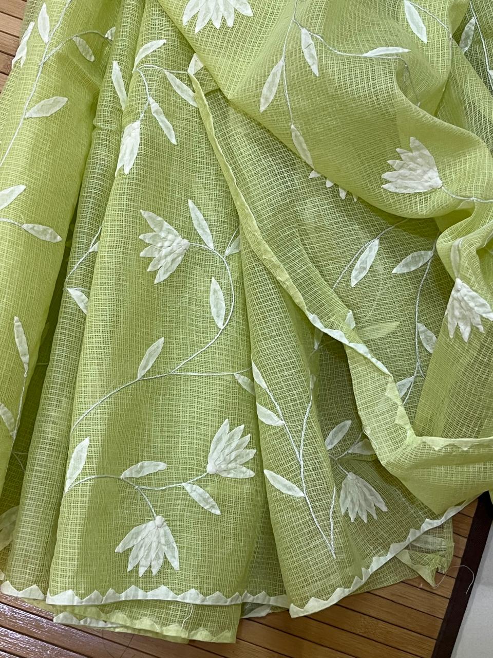 Pure Kota Cotton Phool Patti Saree - Green with White