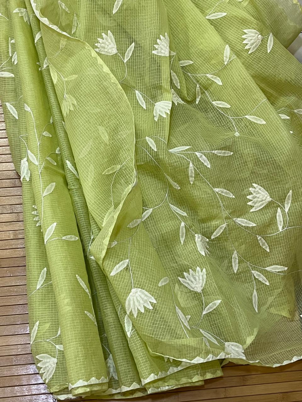 Pure Kota Cotton Phool Patti Saree - Green with White